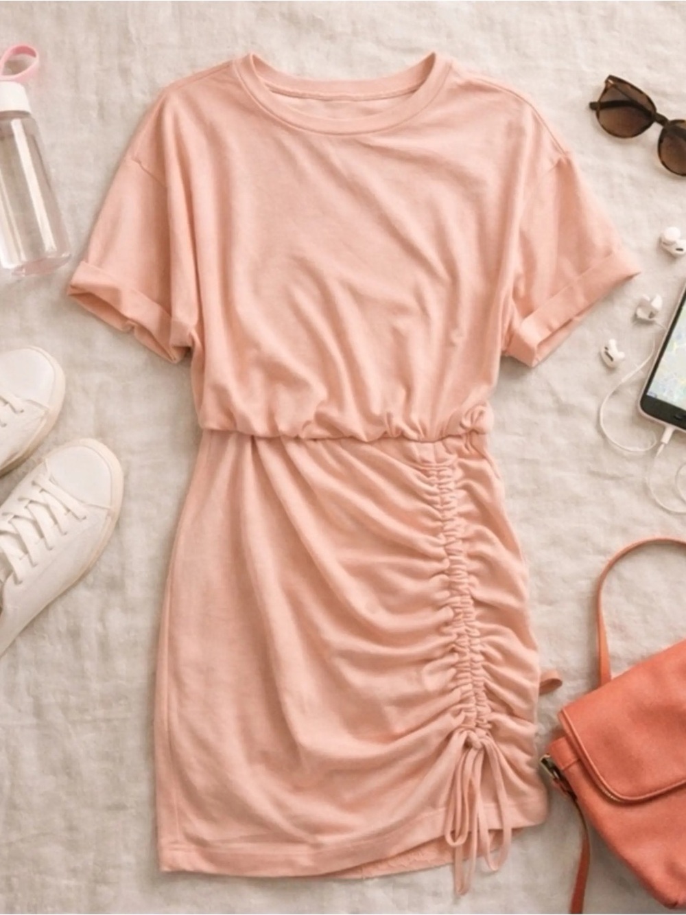Express Peach Ruched short Sleeve Peach Mini Dress. Size Medium.